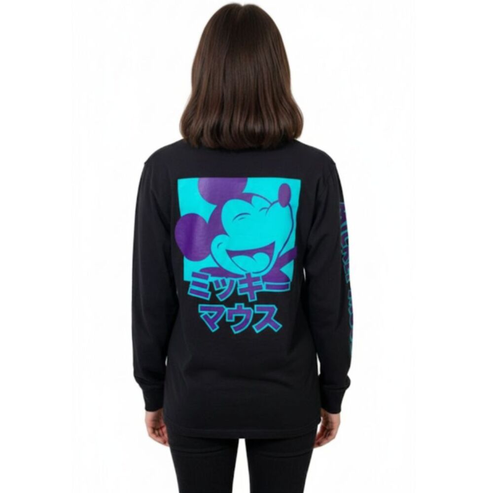 Disney Mickey Mouse Black Turquoise Japanese Graphic Crewneck LS T-shirt Sz L
